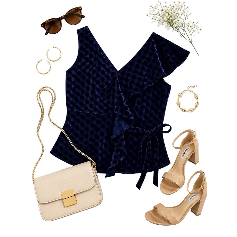 Diane von Furstenberg Velvet Polka Dot Wrap Top Navy Petite Small Designer Silk